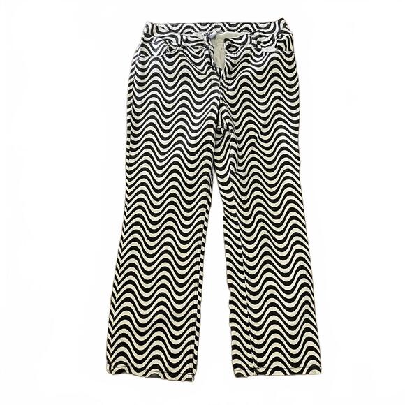 ragged Pants - Wavy Print Wide-Leg Pants in Black & White